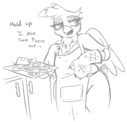 Size: 717x687 | Tagged: safe, artist:jargon scott, derpibooru import, gilda, anthro, gryphon, apron, clothes, cookie, eyes half closed, female, food, housewife, image, lidded eyes, milf, mom gilda, monochrome, naked apron, oven mitts, png, solo, tray, wings