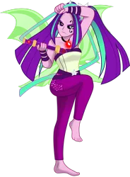 Size: 1920x2612 | Tagged: safe, artist:limedazzle, derpibooru import, aria blaze, equestria girls, rainbow rocks, bare shoulders, barefoot, clothes, facial tattoo, feet, female, furies, gem, hades (game), megaera, pigtails, simple background, siren gem, sleeveless, solo, strapless, transparent background, twintails