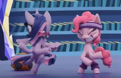 Size: 1936x1244 | Tagged: safe, derpibooru import, screencap, pinkie pie, twilight sparkle, twilight sparkle (alicorn), alicorn, earth pony, pony, my little pony: pony life, my little pony: stop motion short, pinkie pie wants to play, bipedal, boombox, cropped, eyes do not belong there, great moments in animation, leg warmers, library, multiple tails, smear frame, stop motion, sweatband, twilight's castle, twilight's castle library