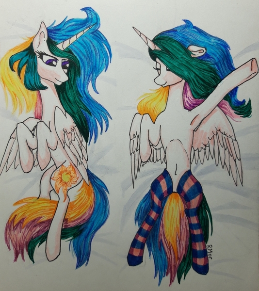 Size: 1280x1437 | Tagged: safe, artist:rainbowmoron, derpibooru import, princess celestia, alicorn, pony, armpits, body pillow, body pillow design, clothes, dakimakura cover, marker drawing, socks, solo, striped socks, traditional art