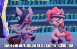 Size: 1936x1244 | Tagged: safe, derpibooru import, edit, edited screencap, screencap, pinkie pie, twilight sparkle, twilight sparkle (alicorn), alicorn, earth pony, pony, my little pony: pony life, my little pony: stop motion short, pinkie pie wants to play, bipedal, boombox, caption, cropped, eyes do not belong there, great moments in animation, image macro, library, multiple tails, smear frame, stop motion, sweatband, text, twilight's castle, twilight's castle library