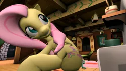 Size: 2500x1406 | Tagged: 3d, artist:johnnyxluna, brother and sister, butt crush, crawling, derpibooru import, female, fluttershy, fluttershy's cottage, giantess, growth, looking at you, looking back, looking up, looking up at you, macro, male, micro, safe, shrinking, siblings, sitting, sitting on, sitting on pony, size difference, size stealing, smiling, source filmmaker, tight squeeze, what is happening, zephyr breeze