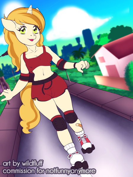 Size: 901x1202 | Tagged: safe, artist:wildfluff, derpibooru import, sweet biscuit, anthro, unicorn, bandaid, clothes, elbow pads, gym shorts, knee pads, plaster, roller skates, shoes, shorts, sneakers, tail, tanktop, teenager, tomboy, tongue out