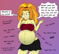 Size: 1700x1557 | Tagged: safe, artist:pacificside18, derpibooru import, adagio dazzle, sunset shimmer, equestria girls, adagio preggo, angry, belly, belly button, big belly, breasts, cleavage, clothes, headband, humor, implied sunset shimmer, offscreen character, phone, phone call, pregnant, pregnant equestria girls, skirt, voices