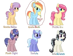 Size: 1700x1300 | Tagged: safe, artist:cheesepuff2, derpibooru import, oc, unofficial characters only, alicorn, earth pony, pegasus, pony, unicorn, alicorn oc, earth pony oc, female, hat, horn, magical lesbian spawn, mare, offspring, parent:applejack, parent:flash sentry, parent:fluttershy, parent:octavia melody, parent:pinkie pie, parent:rainbow dash, parent:scootaloo, parent:sweetie belle, parent:trixie, parent:twilight sparkle, parent:vinyl scratch, parents:appledash, parents:flashlight, parents:flutterpie, parents:scootabelle, parents:scratchtavia, parents:twixie, pegasus oc, simple background, smiling, text, transparent background, unicorn oc, wings