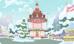 Size: 954x572 | Tagged: background, building, christmas, christmas tree, derpibooru import, flag, gameloft, holiday, market, mountain, no pony, ponyville, ponyville town hall, resource, safe, snow, tree