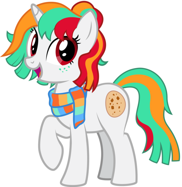 Size: 1890x1948 | Tagged: safe, artist:lightning stripe, derpibooru import, oc, oc:minty crumble, pony, unicorn, clothes, commission, cutie mark, disguise, disguised changeling, female, freckles, hair bun, horn, mare, one hoof raised, open mouth, red eyes, scarf, show accurate, simple background, solo, transparent background, tricolor mane, vector, white coat