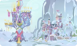 Size: 954x572 | Tagged: background, building, christmas, christmas tree, christmas wreath, derpibooru import, gameloft, holiday, mountain, no pony, safe, school of friendship, snow, tree, twilight's castle, wreath