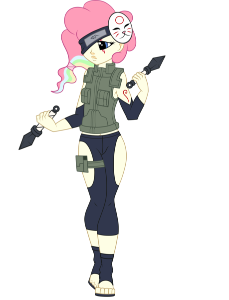 Size: 1700x2222 | Tagged: safe, artist:j053ph-d4n13l, derpibooru import, oc, oc:cheery candy, oc:cheery kawaii, unofficial characters only, equestria girls, alternate universe, belt, clothes, commission, equestria girls-ified, eye scar, feet, female, headband, kunai, mask, multicolored hair, ninja, pants, pouch, ppe, rainbow hair, sandals, scar, simple background, transparent background, vest