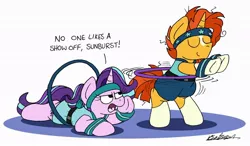 Size: 1024x596 | Tagged: safe, artist:bobthedalek, derpibooru import, starlight glimmer, sunburst, pony, unicorn, alternate hairstyle, belt, bipedal, clothes, dialogue, exercise, eyes closed, female, hula, loop-de-hoop, male, mare, ponytail, shorts, simple background, smiling, stallion, starlight is not amused, sweatband, unamused, vest, white background, workout outfit, wristband