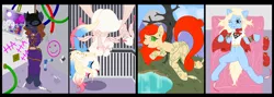 Size: 6760x2417 | Tagged: suggestive, artist:j053ph-d4n13l, derpibooru import, oc, oc:barbat gordon, oc:har-harley queen, oc:kara krypta, oc:poison ivy (ice1517), unofficial characters only, bat pony, earth pony, gargoyle, pony, :), abs, bat pony oc, bat wings, bed, bedroom eyes, belly button, belt, blanket, bondage, boots, bracelet, building, butt, cape, cell, clothes, commission, dc comics, ear piercing, earring, erotic tickling, eyes closed, eyeshadow, feather, female, femsub, fetish, fire, gotham, graffiti, grass, hanging, hoof fetish, hoof tickling, jacket, jail, jail cell, jewelry, kryptonite, laughing, leather jacket, makeup, mare, mask, missing cutie mark, monitor, moon, multicolored hair, night, one eye closed, pants, piercing, plot, pond, rope, rope bondage, shibari, shirt, shoes, stars, submissive, suspended, t-shirt, tattoo, television, tickle fetish, tickle torture, tickling, torn clothes, tree, upside down, wall of tags, water, wings, wink, wires