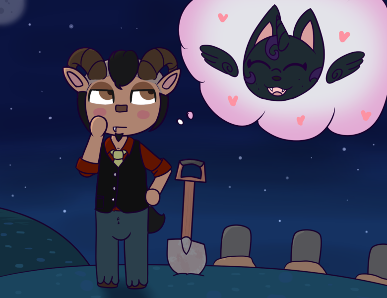 Size: 1300x1000 | Tagged: alternate version, animal crossing, artist:lazerblues, derpibooru import, gravestone, graveyard, night, oc, oc:lazerblues, oc:mal, offspring, parent:oc:nyx, safe, satyr, shovel, stars, unofficial characters only