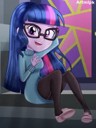 Size: 1536x2048 | Tagged: safe, artist:artmlpk, derpibooru import, sci-twi, twilight sparkle, equestria girls, adorable face, adorkable, alternate hairstyle, beautiful, clothes, cute, dork, female, glasses, looking at you, sitting, smiley face, smiling, smiling at you, sweater, turtleneck, twiabetes