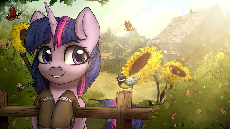 Size: 3232x1816 | Tagged: safe, artist:reterica, derpibooru import, twilight sparkle, bird, butterfly, pony, clothes, crossover, female, fence, flower, mare, scenery, smiling, socks, solo, sunflower, sword, the witcher, weapon