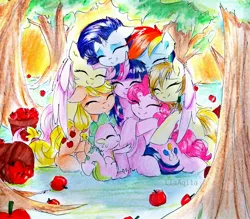 Size: 2648x2322 | Tagged: safe, artist:liaaqila, derpibooru import, applejack, fluttershy, pinkie pie, rainbow dash, rarity, spike, twilight sparkle, twilight sparkle (alicorn), oc, alicorn, dragon, earth pony, pegasus, pony, unicorn, apple, apple tree, basket, commission, cute, dashabetes, diapinkes, eyes closed, eyeshadow, female, food, group hug, hug, jackabetes, makeup, male, mane seven, mane six, mare, raribetes, self insert, shyabetes, spikabetes, traditional art, tree, twiabetes, winged spike, winghug