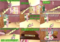 Size: 750x530 | Tagged: safe, artist:undeadponysoldier, derpibooru import, owlowiscious, pinkie pie, spike, bird, dragon, owl, pony, comic:big pinkie loser, series:spikebob scalepants, 3d, big pink loser, duo, female, gmod, golden oaks library, male, mare, reward, scared, silly, trophy