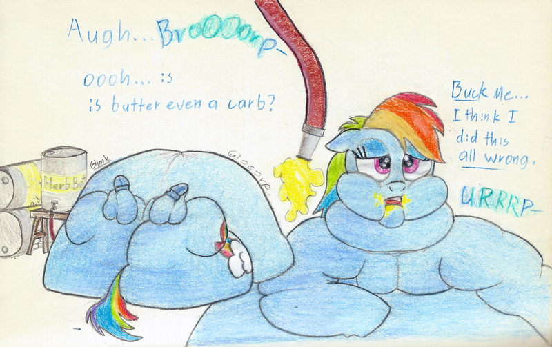 Size: 4836x3042 | Tagged: questionable, artist:white-eyed vireo, derpibooru import, rainbow dash, pegasus, pony, belly, belly bed, big belly, bingo wings, bloated, chubby cheeks, double chin, drawing, fat, fat fetish, feeding tube, female, fetish, force feeding, huge belly, immobile, impossibly large belly, large butt, laying on ground, morbidly obese, neck roll, obese, rainblob dash, rolls of fat, solo, stretched cutie mark, stuffed, stuffed belly, traditional art