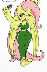 Size: 1336x2048 | Tagged: suggestive, artist:tenebrousmelancholy, derpibooru import, fluttershy, zephyr breeze, anthro, bat pony, plantigrade anthro, barefoot, breasts, brother and sister, busty fluttershy, clothes, feet, female, flutterbat, giantess, grabbing, hips, leggings, macro, macro/micro, male, mare, race swap, siblings, size difference, sports bra, stallion, sweat, teasing zephyr series