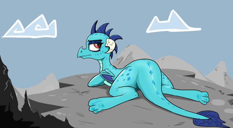 Size: 6207x3433 | Tagged: artist:paskanaakka, ass, butt, derpibooru import, dragon, dragoness, female, high res, lidded eyes, looking back, owo, princess ember, princess embutt, prone, safe, small wings, solo, sploot, unamused, wings