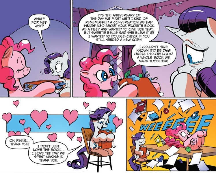 Size: 1000x802 | Tagged: safe, artist:andypriceart, derpibooru import, idw, pinkie pie, rarity, pony, spoiler:comic, spoiler:comic42, book, chair, comic, comic panel, cropped, duo, female, mare, official comic, pinkie being pinkie, rarity is not amused, sitting, sliding, speech bubble, unamused