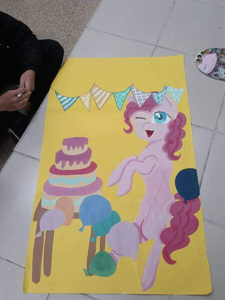 Size: 1511x2015 | Tagged: artist needed, source needed, safe, derpibooru import, pinkie pie, earth pony, pony, balloon, cake, cute, diapinkes, food, irl, one eye closed, photo, traditional art, wink