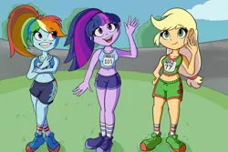 Size: 3000x2000 | Tagged: safe, artist:an_anon_artist, derpibooru import, applejack, rainbow dash, twilight sparkle, equestria girls, spoiler:comic, spoiler:comicequestriagirlsmarchradness, belly button, clothes, hatless, midriff, missing accessory, shoes, shorts, sneakers, socks, sports bra, sports shorts, tomboy