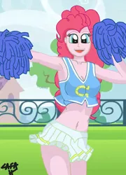 Size: 778x1083 | Tagged: safe, artist:cafakero, derpibooru import, pinkie pie, equestria girls, armpits, belly button, breasts, cheerleader, cheerleader outfit, cheerleading, cleavage, clothes, cute, diapinkes, female, midriff, short skirt, skirt, solo, sports bra, tanktop