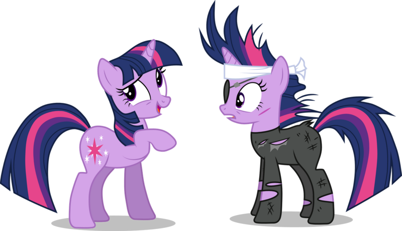 Size: 1178x678 | Tagged: safe, artist:valadrem, derpibooru import, twilight sparkle, pony, unicorn, it's about time, bandana, clothes, eyepatch, female, future twilight, mare, messy mane, open mouth, raised hoof, scar, self ponidox, simple background, smiling, time paradox, torn clothes, transparent background, unicorn twilight, vector