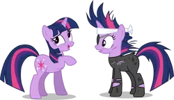 Size: 1178x678 | Tagged: safe, artist:valadrem, derpibooru import, twilight sparkle, pony, unicorn, it's about time, bandana, clothes, eyepatch, female, future twilight, mare, messy mane, open mouth, raised hoof, scar, self ponidox, simple background, smiling, time paradox, torn clothes, transparent background, unicorn twilight, vector