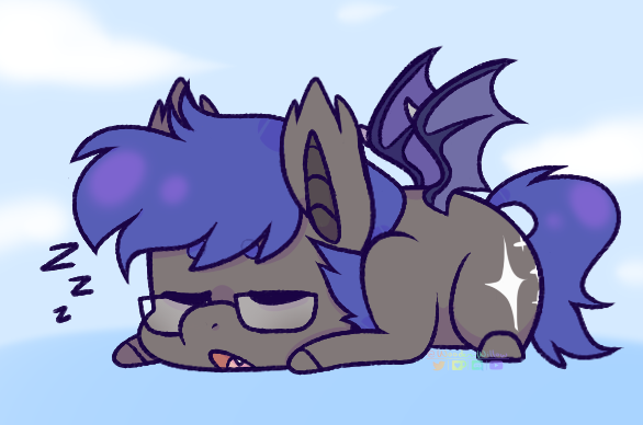 Size: 586x388 | Tagged: safe, artist:wooden-willow, derpibooru import, oc, oc:north star, bat pony, pony, bat pony oc, bat wings, blue hair, chibi, commission, cute, cutie mark, glasses, sleeping, solo, wings, ych result