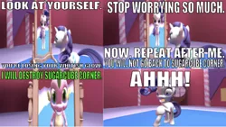 Size: 1222x690 | Tagged: safe, artist:undeadponysoldier, derpibooru import, rarity, spike, dragon, pony, unicorn, series:spikebob scalepants, 3d, carousel boutique, comic, female, gmod, i will destroy the krusty krab, implied sugarcube corner, male, mare, mirror, reflection, scared, spongebob squarepants, squid's day off, worrying
