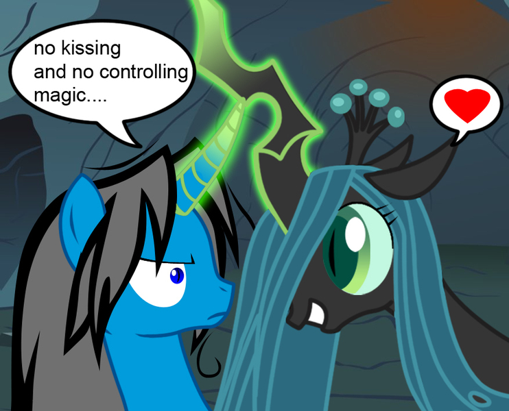 Size: 877x709 | Tagged: safe, artist:somashield, derpibooru import, queen chrysalis, oc, oc:soma, changeling, changeling queen, pony, unicorn, digital art, female, glowing horn, horn, looking at each other, magic, male, mare, speech bubble, stallion, text