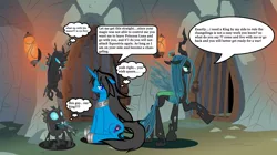 Size: 2500x1403 | Tagged: safe, artist:somashield, derpibooru import, queen chrysalis, oc, oc:soma, changeling, changeling queen, pony, unicorn, collar, cutie mark, digital art, female, horn, male, mare, sitting, speech bubble, stallion, text, wings