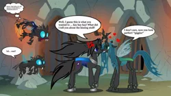 Size: 1280x718 | Tagged: safe, artist:somashield, derpibooru import, queen chrysalis, oc, oc:soma, changeling, changeling queen, pony, angry, changelingified, cross-popping veins, cutie mark, digital art, fangs, female, horn, looking at each other, male, mare, species swap, speech bubble, stallion, text, wings