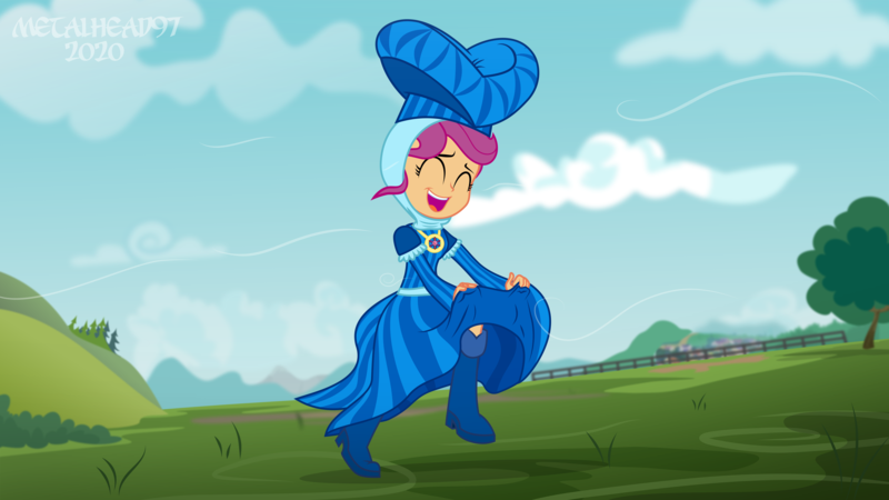 Size: 8000x4500 | Tagged: safe, artist:metalhead97, derpibooru import, scootaloo, equestria girls, for whom the sweetie belle toils, boots, breeze, clothes, commission, costume, cute, cutealoo, dress, equestria girls interpretation, eyes closed, forest, grabbing, hat, high heel boots, jewelry, jogging, necklace, open mouth, outdoors, running, scene interpretation, shoes, show accurate, skirt, skirt pull, skirtaloo, solo, tree, wind