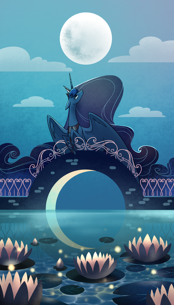 Size: 1200x2100 | Tagged: safe, artist:28gooddays, derpibooru import, princess luna, alicorn, pony, bridge, cloud, crescent moon, female, floppy ears, full moon, lilypad, mare, moon, night, profile, reflection, sky, solo