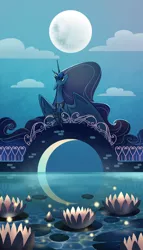 Size: 1200x2100 | Tagged: safe, artist:28gooddays, derpibooru import, princess luna, alicorn, pony, bridge, cloud, crescent moon, female, floppy ears, full moon, lilypad, mare, moon, night, profile, reflection, sky, solo