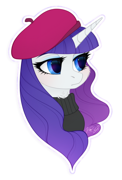 Size: 900x1330 | Tagged: safe, artist:vird-gi, derpibooru import, rarity, pony, unicorn, sweet and elite, beatnik rarity, beret, bust, cheek fluff, clothes, cute, female, hat, mare, neck fluff, portrait, raribetes, simple background, solo, sweater, transparent background, turtleneck, white outline