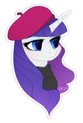 Size: 900x1330 | Tagged: safe, artist:vird-gi, derpibooru import, rarity, pony, unicorn, sweet and elite, beatnik rarity, beret, bust, cheek fluff, clothes, cute, female, hat, mare, neck fluff, portrait, raribetes, simple background, solo, sweater, transparent background, turtleneck, white outline