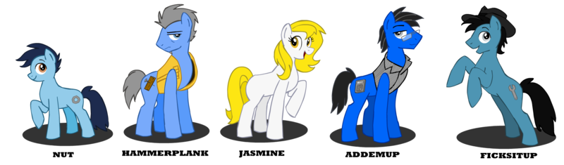 Size: 2046x602 | Tagged: safe, artist:wolfjedisamuel, derpibooru import, oc, oc:addemup, oc:ficksitup, oc:hammerplank, oc:jasmine, oc:nut, unofficial characters only, earth pony, pony, clothes, cutie mark, digital art, female, foal, glasses, hat, male, mare, shirt, stallion, tail, vest