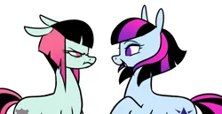 Size: 1119x578 | Tagged: safe, artist:mvnchies, derpibooru import, oc, oc:amethyst, unofficial characters only, earth pony, pony, angry, duo, earth pony oc, female, mare, raised hoof, siblings, simple background, smiling, white background