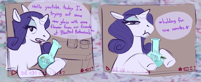 Size: 1280x524 | Tagged: safe, artist:bricuhbrac, derpibooru import, rarity, pony, unicorn, bong, camera, crackity, drugs, female, marijuana, solo, text