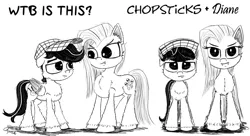 Size: 1024x559 | Tagged: safe, artist:chopsticks, derpibooru import, pinkie pie, oc, oc:chopsticks, earth pony, pegasus, comic:wtb is this?, canon x oc, cheek fluff, chest fluff, cute, cute little fangs, fangs, female, hat, hoof fluff, looking at each other, looking at you, male, mare, monochrome, pinkamena diane pie, size difference, sketch, stallion