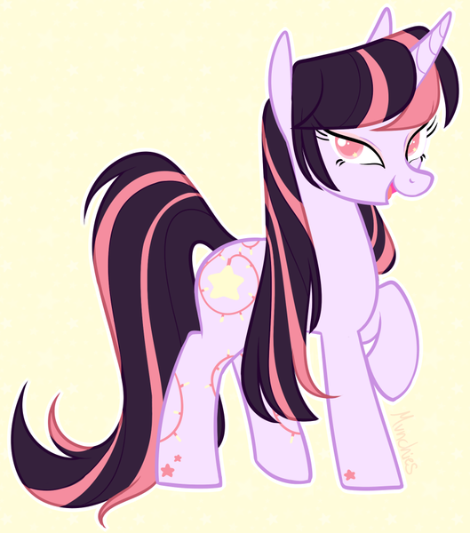 Size: 756x857 | Tagged: safe, artist:mvnchies, derpibooru import, oc, unofficial characters only, pony, unicorn, eyelashes, horn, open mouth, raised hoof, simple background, smiling, solo, tattoo, unicorn oc