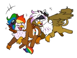 Size: 1280x959 | Tagged: safe, artist:ghoul--doodle, derpibooru import, gilda, oc, oc:rainbow feather, gryphon, hippogriff, cute, female, flying, goggles, interspecies offspring, magical lesbian spawn, mother and child, mother and daughter, offspring, parent:gilda, parent:rainbow dash, parents:gildash, rainbow feather, simple background, talking, transparent background