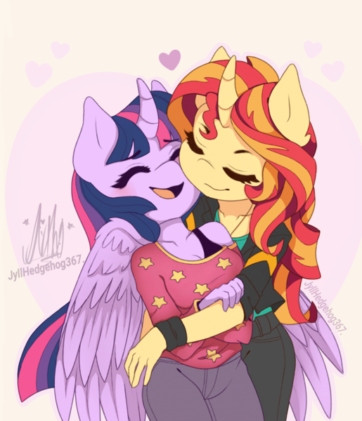 Size: 920x1071 | Tagged: safe, artist:jyllhedgehog367, derpibooru import, sunset shimmer, twilight sparkle, twilight sparkle (alicorn), alicorn, anthro, unicorn, blushing, curved horn, cute, eyes closed, female, happy, heart, horn, lesbian, mare, shipping, snuggling, sunsetsparkle