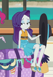 Size: 738x1080 | Tagged: safe, derpibooru import, screencap, pinkie pie, rarity, equestria girls, equestria girls series, the salty sails, animated, clothes, cropped, crossed legs, feet, flip-flops, gif, hat, legs, sandals, sarong, sexy, sun hat, swimsuit