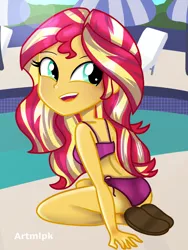 Size: 1536x2048 | Tagged: safe, artist:artmlpk, derpibooru import, sunset shimmer, equestria girls, adorable face, adorasexy, adorkable, alternate hairstyle, beautiful, bikini, clothes, cute, dork, female, grin, hair, looking at you, looking back, looking back at you, open mouth, pool party, sandals, sexy, shimmerbetes, smiling, solo, swimming pool, swimsuit, two piece swimsuit, vacation