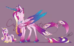 Size: 1280x805 | Tagged: safe, artist:crystalcontemplator, derpibooru import, princess cadance, alicorn, pony, alternate design, chest fluff, cloven hooves, colored hooves, colored wings, colored wingtips, crystal horn, ear fluff, feather, feathered fetlocks, female, fluffy, gray background, horn, leg fluff, leonine tail, looking at you, mare, multicolored wings, neck fluff, obtrusive watermark, peacock feathers, peacock tail, signature, simple background, smiling, solo, tail feathers, unshorn fetlocks, watermark, wing fluff, wings