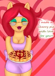 Size: 1831x2523 | Tagged: safe, artist:big brawler, derpibooru import, oc, oc:vivian cereza, unofficial characters only, anthro, earth pony, unguligrade anthro, apron, bipedal, breasts, cherry, chest, chestbreasts, clothes, female, food, glasses, jelly, mother, pie, solo